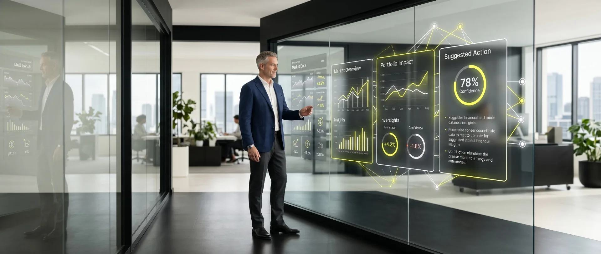 Investor reviewing Aurora Capital analytics on a glass display